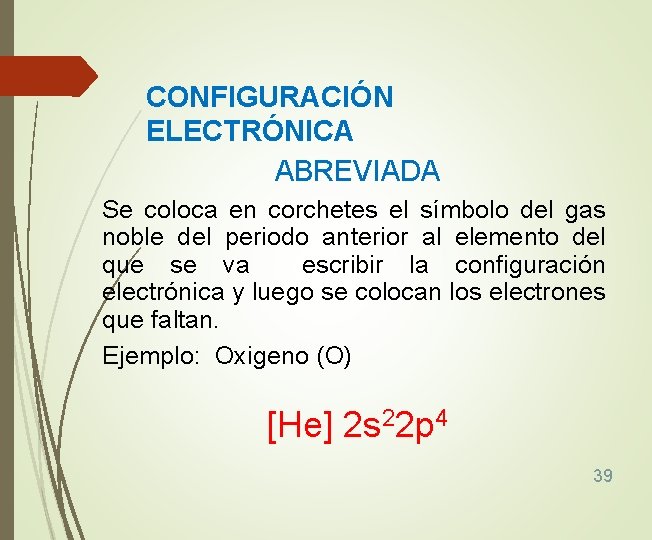 CONFIGURACIÓN ELECTRÓNICA ABREVIADA Se coloca en corchetes el símbolo del gas noble del periodo