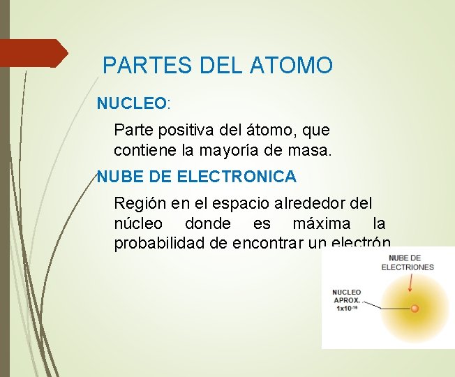 PARTES DEL ATOMO NUCLEO: Parte positiva del átomo, que contiene la mayoría de masa.