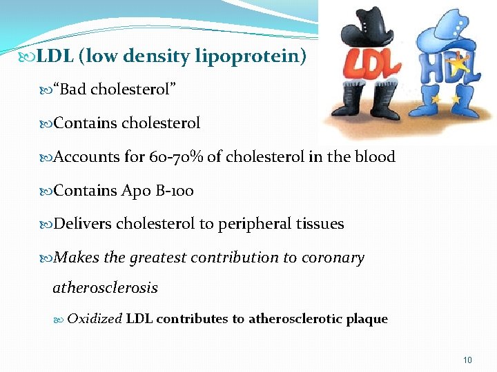  LDL (low density lipoprotein) “Bad cholesterol” Contains cholesterol Accounts for 60 -70% of
