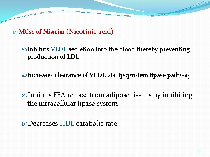  MOA of Niacin (Nicotinic acid) Inhibits VLDL secretion into the blood thereby preventing