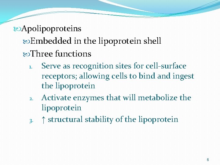  Apolipoproteins Embedded in the lipoprotein shell Three functions 1. 2. 3. Serve as