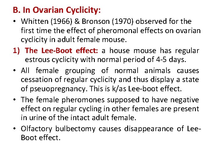 B. In Ovarian Cyclicity: • Whitten (1966) & Bronson (1970) observed for the first