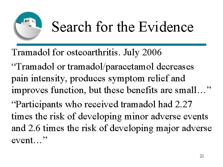 Search for the Evidence Tramadol for osteoarthritis. July 2006 “Tramadol or tramadol/paracetamol decreases pain