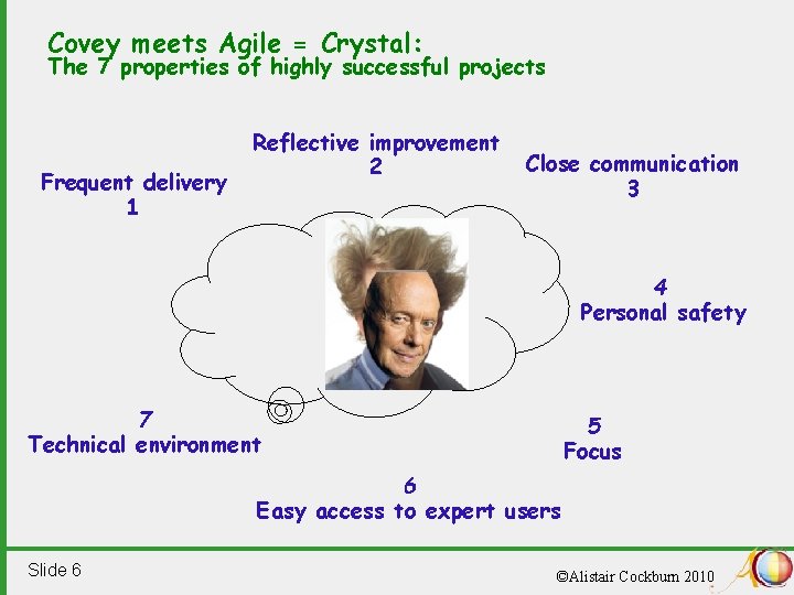 Covey meets Agile = Crystal: The 7 properties of highly successful projects Frequent delivery