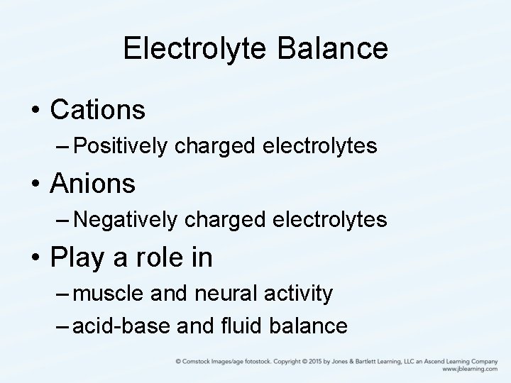 Electrolyte Balance • Cations – Positively charged electrolytes • Anions – Negatively charged electrolytes