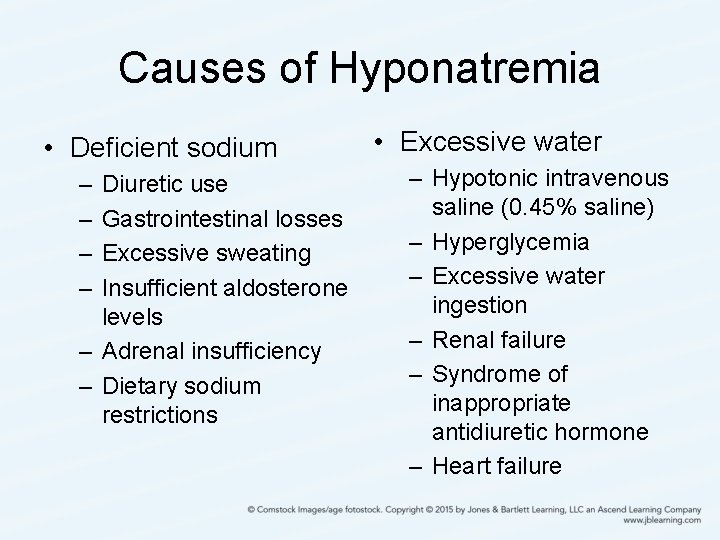 Causes of Hyponatremia • Deficient sodium – – Diuretic use Gastrointestinal losses Excessive sweating