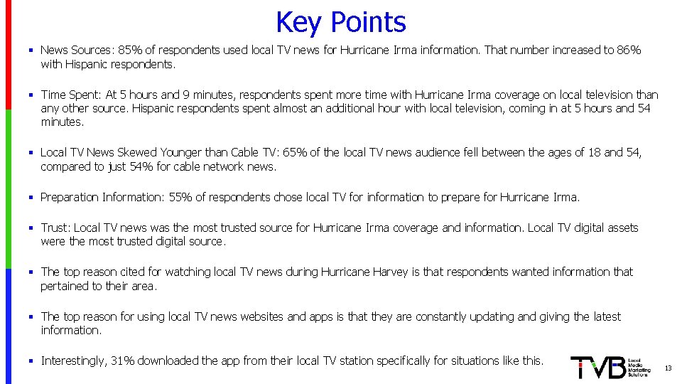 Key Points § News Sources: 85% of respondents used local TV news for Hurricane
