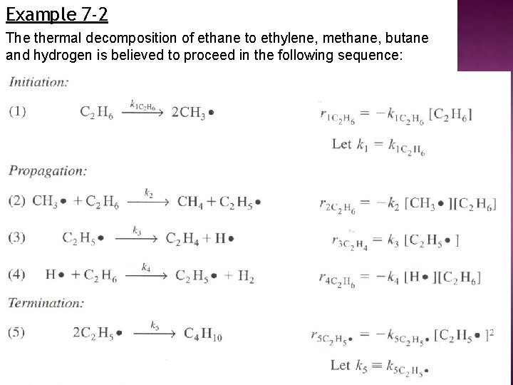 Example 7 -2 The thermal decomposition of ethane to ethylene, methane, butane and hydrogen