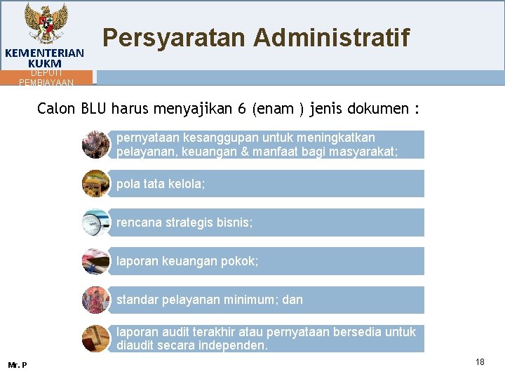 KEMENTERIAN KUKM Persyaratan Administratif DEPUTI PEMBIAYAAN Calon BLU harus menyajikan 6 (enam ) jenis