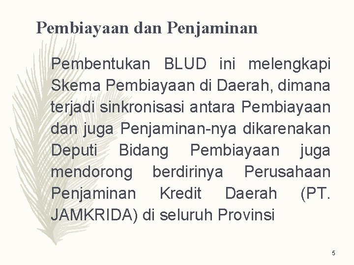 Pembiayaan dan Penjaminan Pembentukan BLUD ini melengkapi Skema Pembiayaan di Daerah, dimana terjadi sinkronisasi