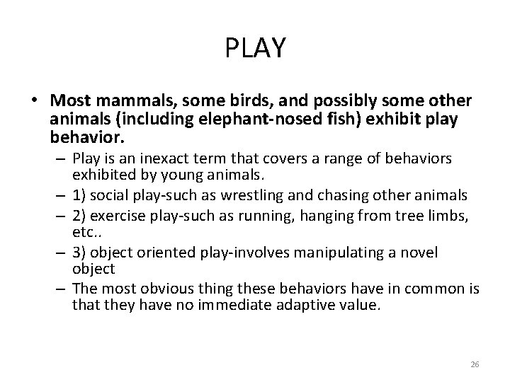 PLAY • Most mammals, some birds, and possibly some other animals (including elephant-nosed fish)