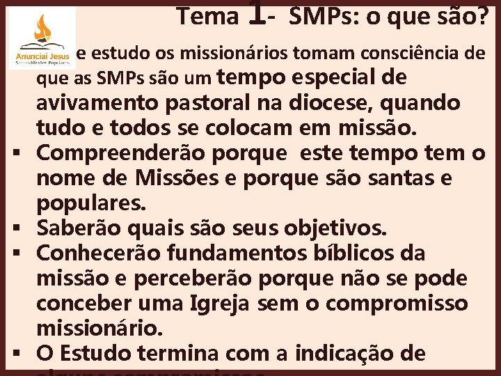 Tema 1 - SMPs: o que são? § Neste estudo os missionários tomam consciência