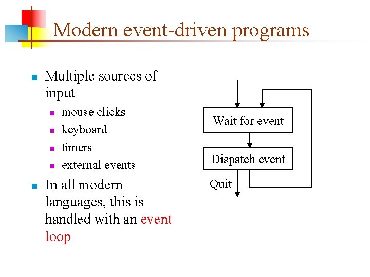 Modern event-driven programs n Multiple sources of input n n n mouse clicks keyboard