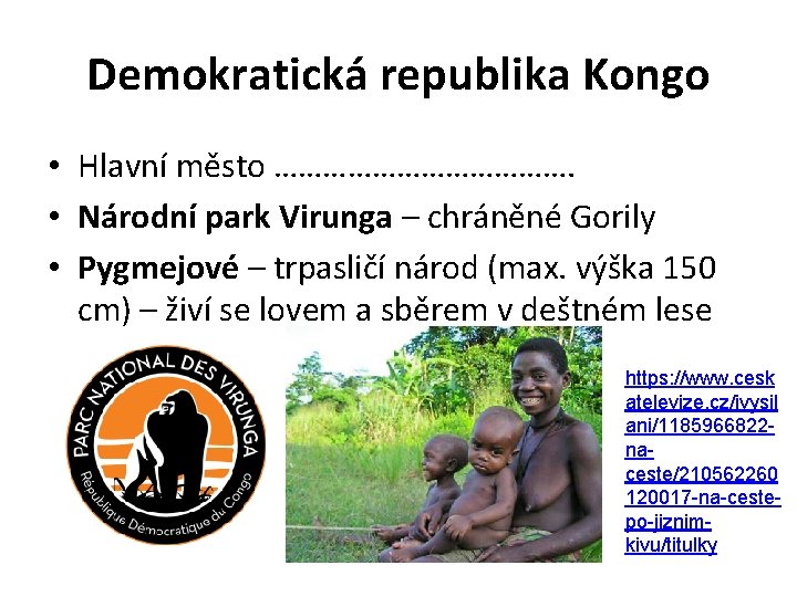 Demokratická republika Kongo • Hlavní město ………………. • Národní park Virunga – chráněné Gorily