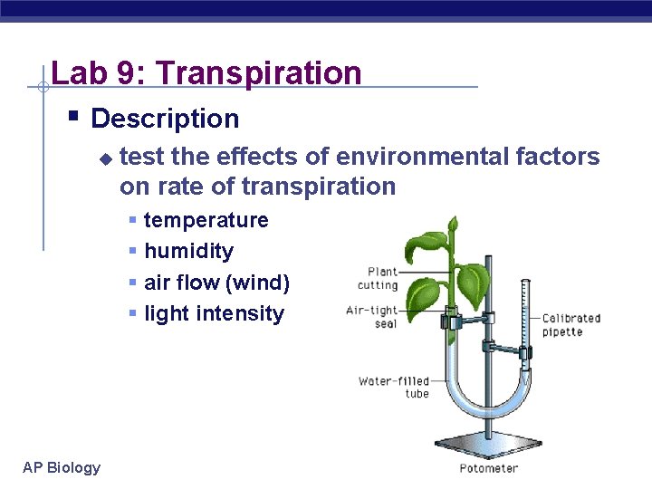 Lab 9: Transpiration § Description u test the effects of environmental factors on rate