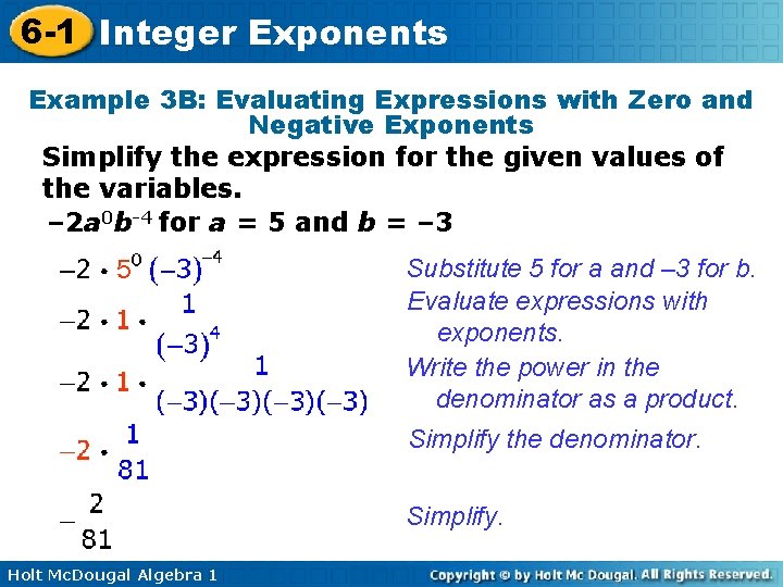 6 -1 Integer Exponents Example 3 B: Evaluating Expressions with Zero and Negative Exponents