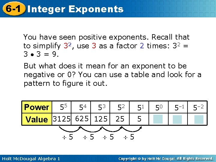 6 -1 Integer Exponents You have seen positive exponents. Recall that to simplify 32,