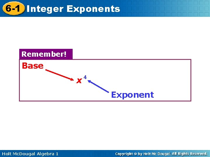 6 -1 Integer Exponents Remember! Base x 4 Exponent Holt Mc. Dougal Algebra 1