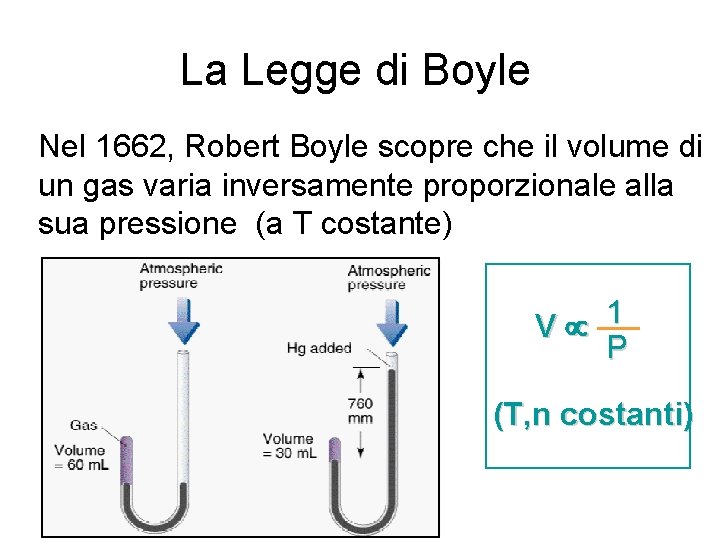 La Legge di Boyle Nel 1662, Robert Boyle scopre che il volume di un