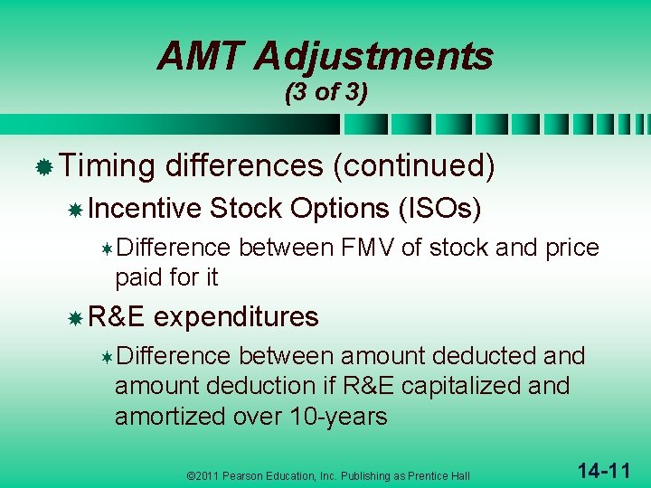 AMT Adjustments (3 of 3) ® Timing differences (continued) Incentive Stock Options (ISOs) ¬Difference