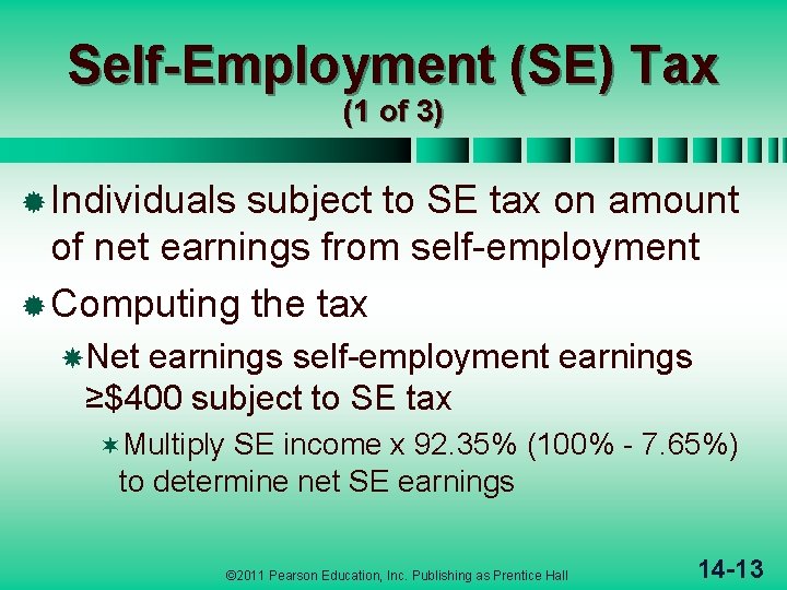 Self-Employment (SE) Tax (1 of 3) ® Individuals subject to SE tax on amount