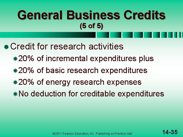 General Business Credits (5 of 5) ® Credit for research activities 20% of incremental
