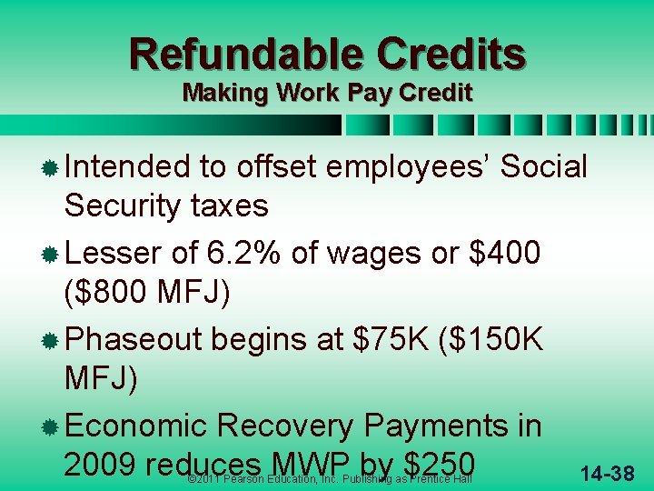 Refundable Credits Making Work Pay Credit ® Intended to offset employees’ Social Security taxes