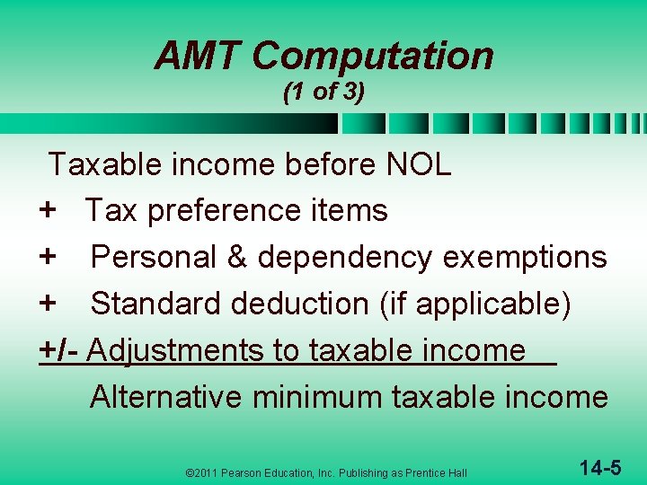 AMT Computation (1 of 3) Taxable income before NOL + Tax preference items +