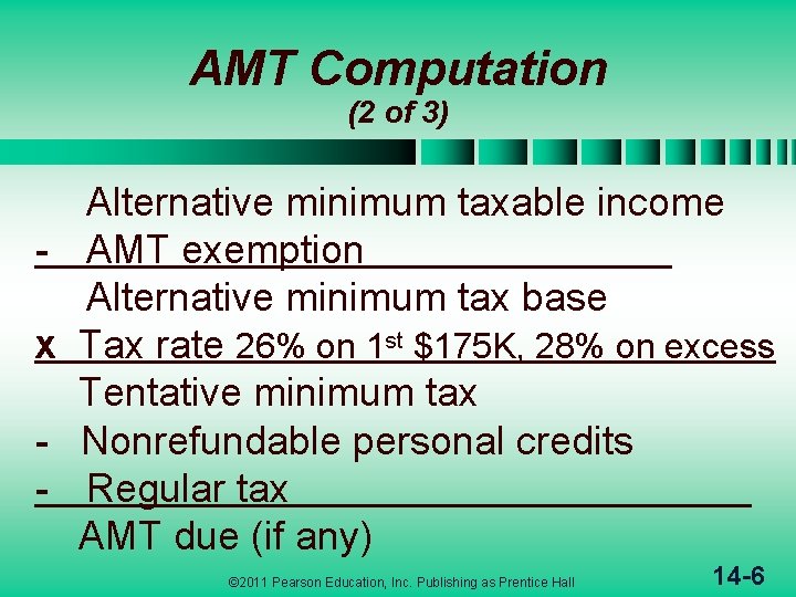 AMT Computation (2 of 3) x - Alternative minimum taxable income AMT exemption Alternative