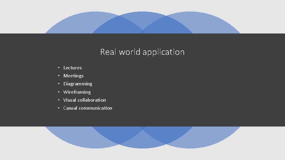 Real world application • • • Lectures Meetings Diagramming Wireframing Visual collaboration Casual communication