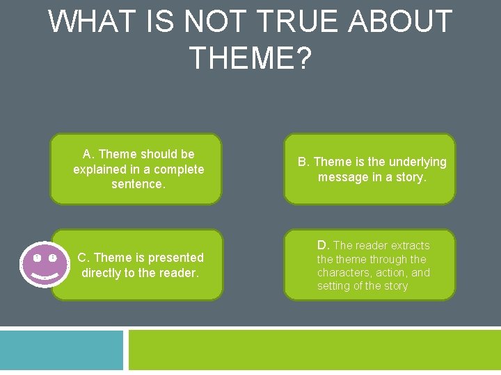 WHAT IS NOT TRUE ABOUT THEME? A. Theme should be explained in a complete