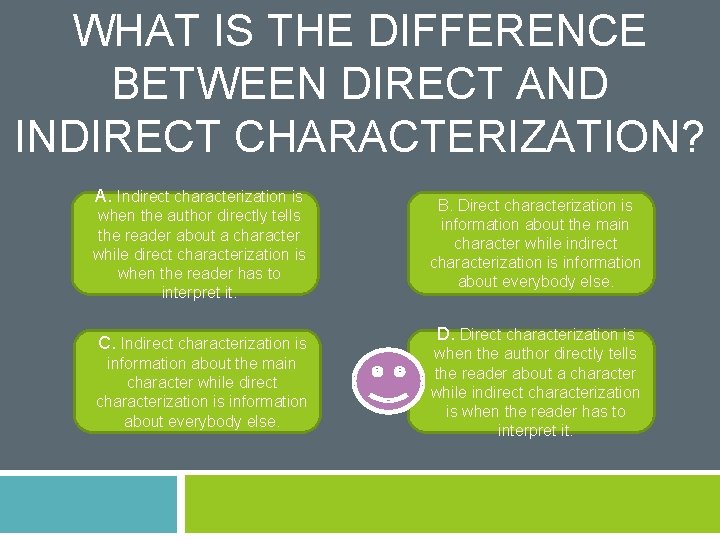 WHAT IS THE DIFFERENCE BETWEEN DIRECT AND INDIRECT CHARACTERIZATION? A. Indirect characterization is when