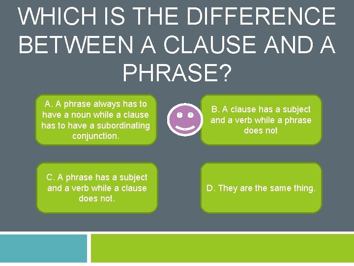 WHICH IS THE DIFFERENCE BETWEEN A CLAUSE AND A PHRASE? A. A phrase always