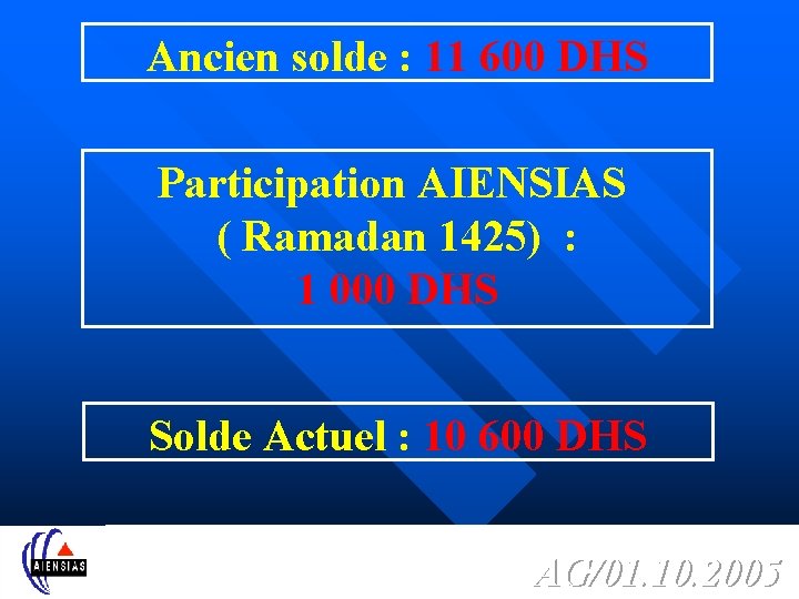 Ancien solde : 11 600 DHS Participation AIENSIAS ( Ramadan 1425) : 1 000