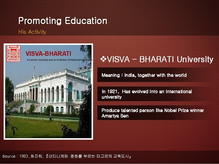 Promoting Education His Activity v. VISVA – BHARATI University Meaning : India, together with