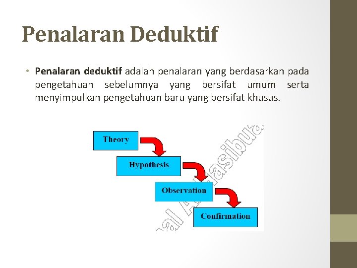 Penalaran Deduktif • Penalaran deduktif adalah penalaran yang berdasarkan pada pengetahuan sebelumnya yang bersifat