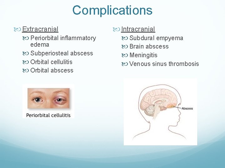 Complications Extracranial Periorbital inflammatory edema Subperiosteal abscess Orbital cellulitis Orbital abscess Intracranial Subdural empyema