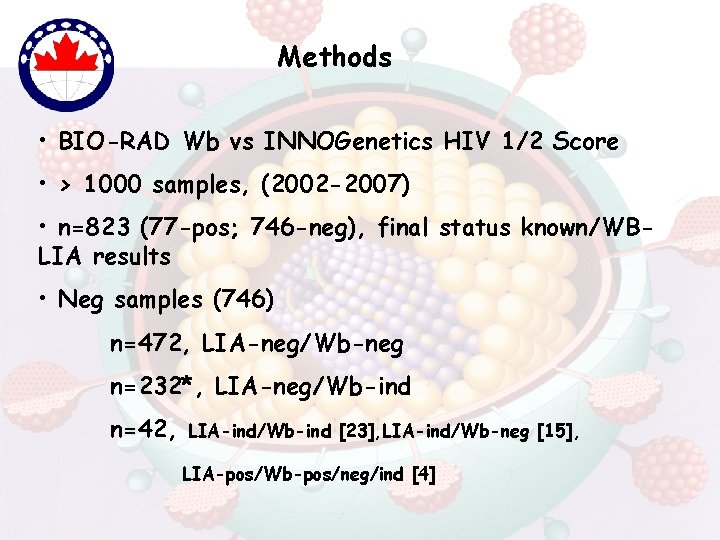 Methods • BIO-RAD Wb vs INNOGenetics HIV 1/2 Score • > 1000 samples, (2002