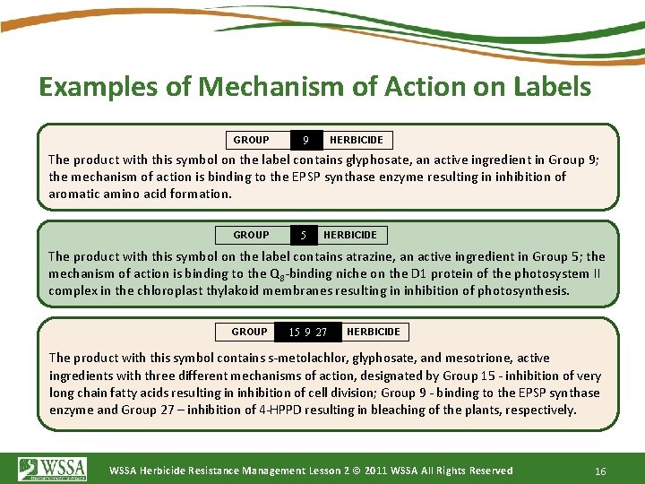 Examples of Mechanism of Action on Labels GROUP 9 HERBICIDE The product with this