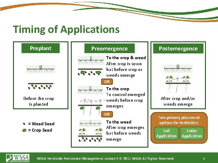 Timing of Applications Preplant Preemergence Postemergence To the crop & weed After crop is