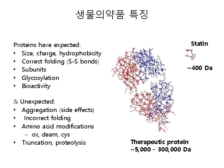 생물의약품 특징 Proteins have expected: • Size, charge, hydrophobicity • Correct folding (S-S bonds)
