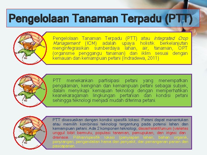 Pengelolaan Tanaman Terpadu (PTT) atau Integrated Crop Management (ICM) adalah upaya holistik berkelanjutan mengintegrasikan