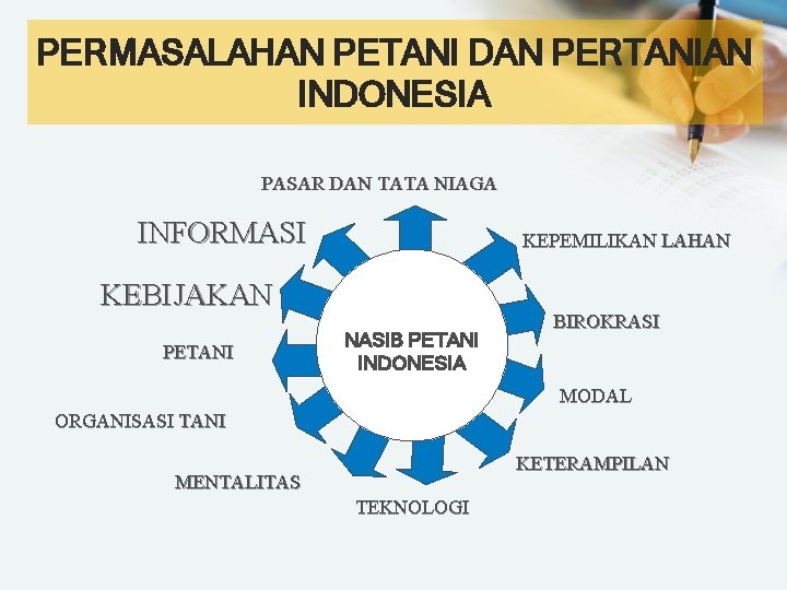 PERMASALAHAN PETANI DAN PERTANIAN INDONESIA PASAR DAN TATA NIAGA INFORMASI KEPEMILIKAN LAHAN KEBIJAKAN PETANI