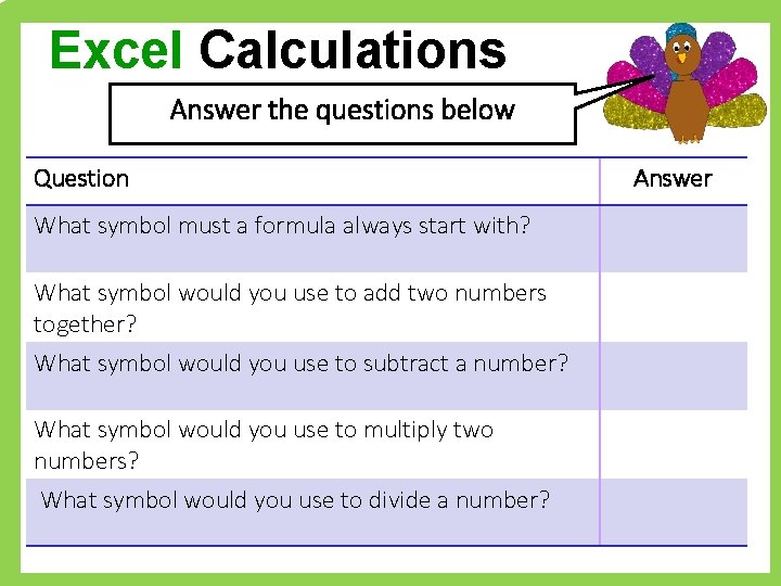 Excel Calculations Answer the questions below Question What symbol must a formula always start