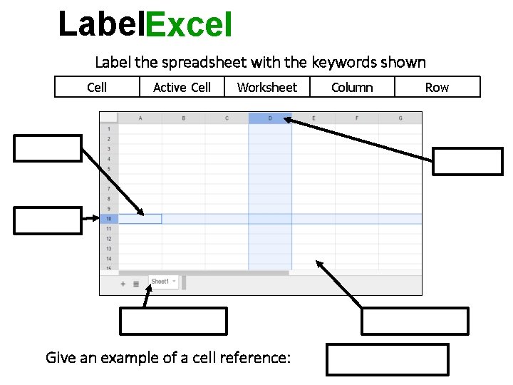 Label. Excel Label the spreadsheet with the keywords shown Cell Active Cell Worksheet Give