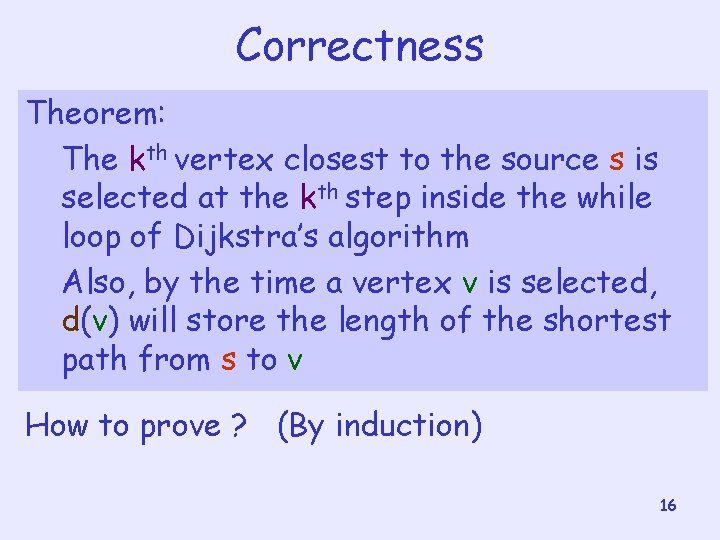 Correctness Theorem: The kth vertex closest to the source s is selected at the