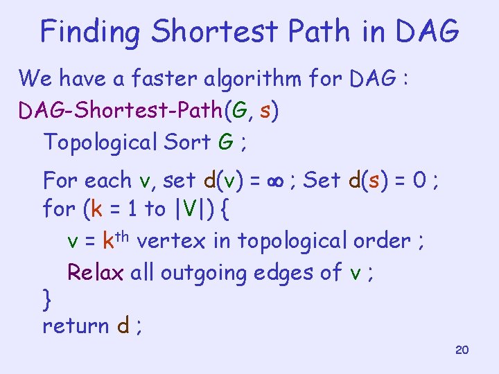 Finding Shortest Path in DAG We have a faster algorithm for DAG : DAG-Shortest-Path(G,