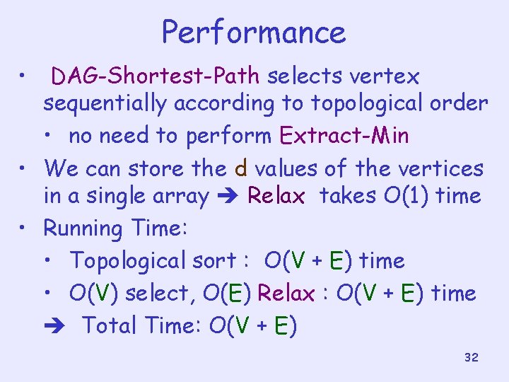 Performance • DAG-Shortest-Path selects vertex sequentially according to topological order • no need to