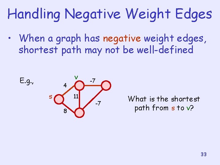Handling Negative Weight Edges • When a graph has negative weight edges, shortest path