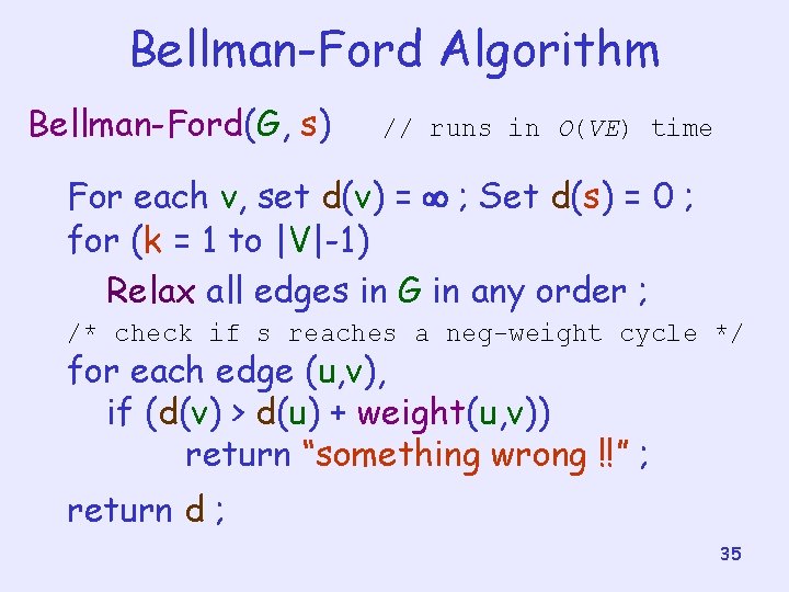 Bellman-Ford Algorithm Bellman-Ford(G, s) // runs in O(VE) time For each v, set d(v)